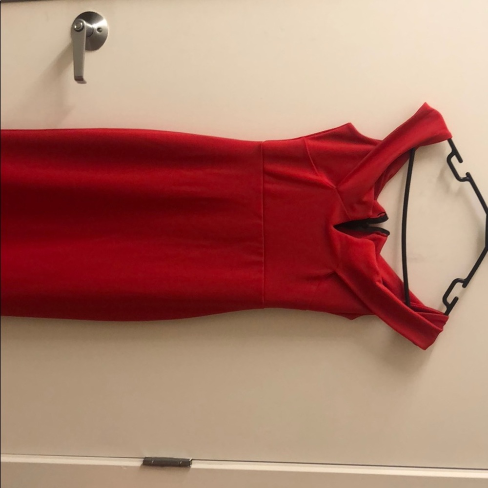 Red off the shoulder evening gown
